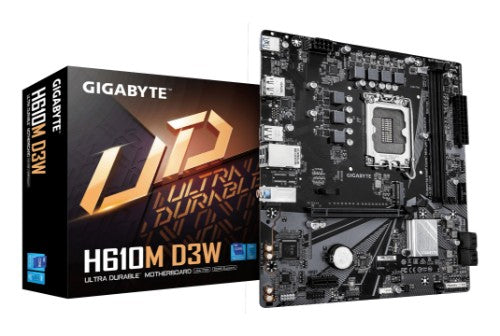 GIGABYTE H610M D3W Motherboard - Supports 14th Gen. Intel Core CPUs, 5+1+1 phases VRM, up to 5600MHz DDR5, 1xPCIe 3.0 M.2, 1GbE LAN, USB 3.2 Gen 1