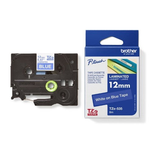 Brother TZE-535 DirectLabel white on blue Laminat 12mm x 8m for Brother P-Touch TZ 3.5-18mm/6-12mm/6-18mm/6-24mm/6-36mm