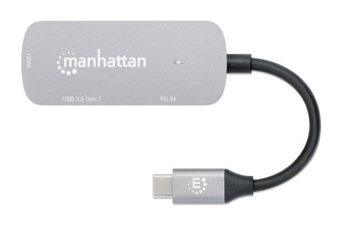 Manhattan USB-C Dock/Hub, Ports (x3): HDMI, USB-A and USB-C, With Power Delivery (100W) to USB-C Port (Note additional USB-C wall charger and USB-C cable needed), HDMI: 4k@60Hz, USB-A: 5 Gbps USB 3.2 Gen1 aka USB 3.0, Universal for all devices, Cable 11cm