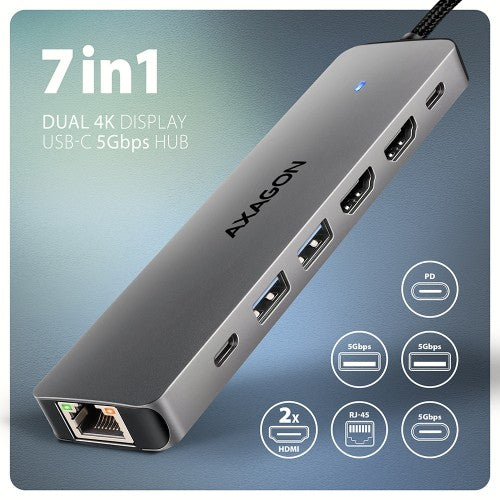 Axagon HMC-7HX2 USB 5Gbps hub, 2x USB-A, USB-C, 2x HDMI 4k/60Hz, RJ-45, PD 100W