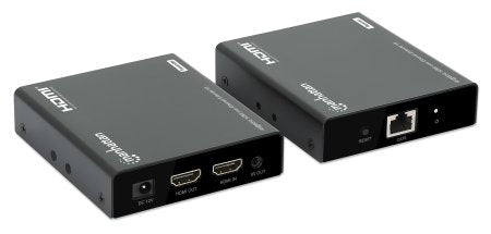 Manhattan 4K HDMI over Ethernet Extender Kit, Extends 4K@60Hz signal up to 70m with a single Cat6 Ethernet Cable, Transmitter and Receiver, Power over Cable (PoC), Black, Three Year Warranty
