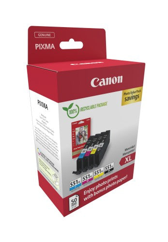 Canon 6443B008/CLI-551XL Ink cartridge multi pack high-capacity CLI Bk,C,M,Y + Photopaper PP-201 50 sheet 5530pg + 3x695pg Pack=4 for Canon Pixma IP 8700/IX 6850/MG 5450/MG 6350/MX 725