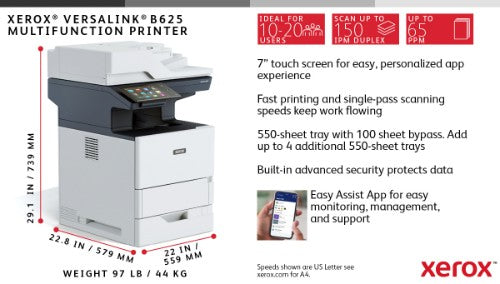 Xerox VersaLink B625 A4 61ppm Duplex Copy/Print/Scan/Fax PS3 PCL5e/6 2 Trays 650 Sheets
