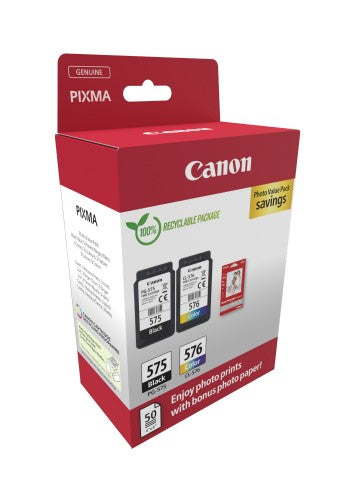 Canon 5438C004/PG-575/CL-576 Printhead cartridge multi pack black + color +50 sheet Photopaper PVP 5,6ml + 6,2ml Pack=2 for Canon Pixma TS 3550 i