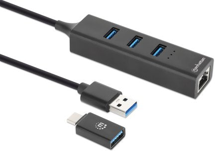 Manhattan USB-C & USB-A Combo Dock/Hub, Ports (4): Ethernet and USB-A (x3), 5 Gbps (USB 3.2 Gen1 aka USB 3.0), External Power Supply Not Needed, Universal for all devices, USB-A Male with Attachable USB-C Male Adapter, SuperSpeed USB, Black, Three Year Wa