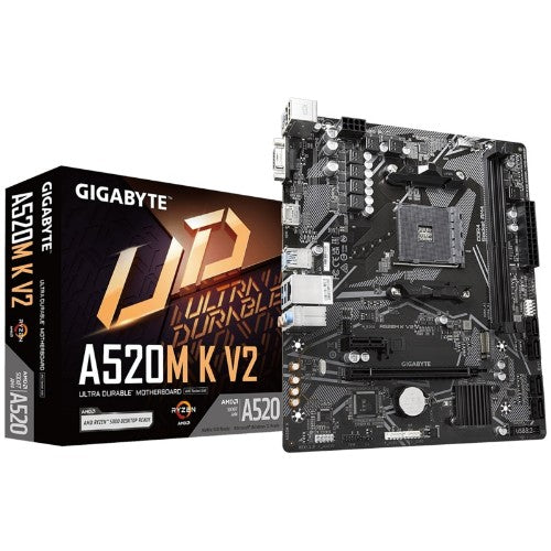GIGABYTE A520M K V2 Motherboard - Supports AMD Ryzen 5000 Series AM4 CPUs, up to 5100MHz DDR4 (OC), PCIe Gen3 x4 M.2, GbE LAN, USB 3.2 Gen 1