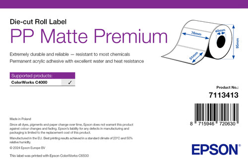 Epson PP Matte Label Premium, Die-cut Roll, 76mm x 51mm, 535 Labels