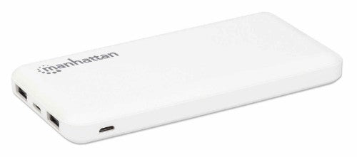 Manhattan Power Bank, 10000 mAh, Output: 2x USB-A (2.1A & 1A), Input: USB-C & Micro-USB (both 2A), White, One Year Warranty