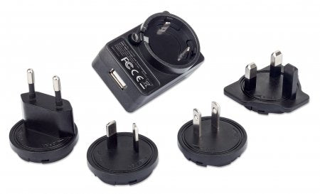 Manhattan Mains USB-A Mobile Device Charger with UK/EU/USA adaptors, Smartphone Charger, Mains Adaptor interchangeable, Three Year Warranty, Black