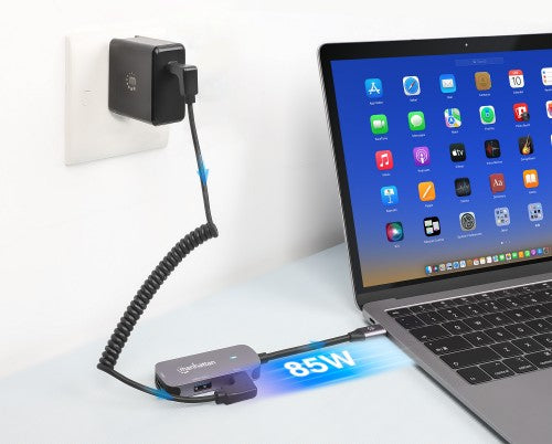 Manhattan USB-C Dock/Hub, Ports (x3): HDMI, USB-A and USB-C, With Power Delivery (100W) to USB-C Port (Note additional USB-C wall charger and USB-C cable needed), HDMI: 4k@60Hz, USB-A: 5 Gbps USB 3.2 Gen1 aka USB 3.0, Universal for all devices, Cable 11cm