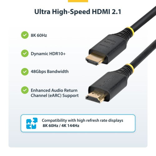StarTech.com 3m (10ft) Certified Ultra High Speed HDMI Cable, 8K 60Hz/4K 120Hz, HDMI 2.1 Cable with HDR10+ / eARC, 48Gbps, 8K HDMI Cord for Monitor/TV/Display, Flexible TPE Jacket