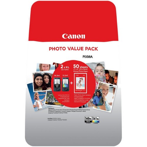 Canon 3712C004/PG-560XL+CL-561XL Printhead cartridge multi pack black + color +50 sheet Photopaper 14,3ml + 12,2ml Pack=2 for Canon Pixma TS 5350