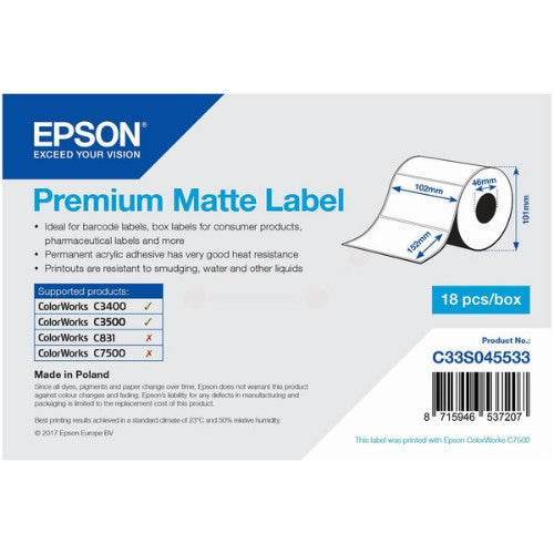 Epson C33S045533 Continous label roll matt die-cut 102mm x 152mm 225 label Pack=1 for Epson TM-C 3400/3500