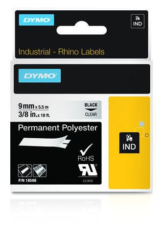 Dymo 18508/S0718160 Ribbon Polyester permanent black on Transparent 9mm x 5,5m for Dymo Rhino 6-12mm/19mm/24mm