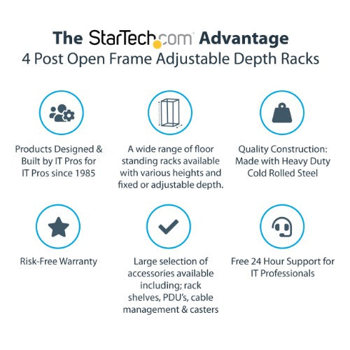 StarTech.com 4-Post 18U Mobile Open Frame Server Rack, Four Post 19" Network Rack with Wheels, Rolling Rack with Adjustable Depth for Computer/AV/Data/IT Equipment - Casters, Leveling Feet or Floor Mounting