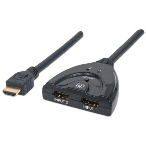 Manhattan HDMI Switch 2-Port, 1080p, Connects x2 HDMI sources to x1 display, Manual Switching (via button), Integrated Cable (50cm), No external power required, Black, Three Year Warranty