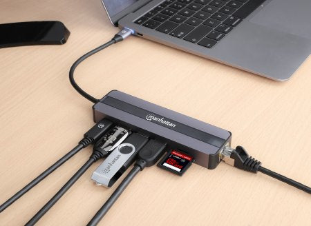 Manhattan USB-C Dock/Hub with Card Reader, Ports (x5): Ethernet, HDMI, USB-A (x2) and USB-C, With Power Delivery (87W) to USB-C Port (Note add USB-C wall charger and USB-C cable needed), All Ports can be used at the same time, Universal for all devices,