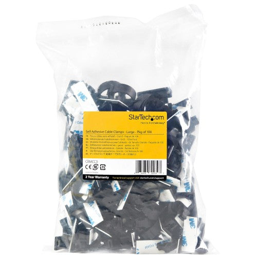 StarTech.com 100 Adhesive Cable Management Clips Black - Network/Ethernet/Office Desk/Computer Cord Organizer - Sticky Cable/Wire Holders - Nylon Self Adhesive Clamp UL/94V-2 Fire Rated