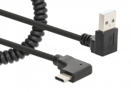 Manhattan USB-C to USB-A Cable, 1m, Male to Male, Black, 480 Mbps (USB 2.0), Tangle Resistant Curly Design, Angled Connectors, Ideal for Charging Cabinets/Carts, Charge only - not for data sync, Hi-Speed USB, Lifetime Warranty