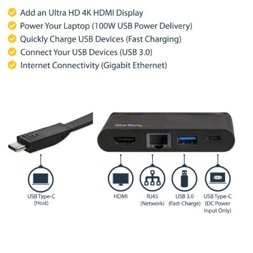 StarTech.com USB C Multiport Adapter - Portable USB-C Dock with 4K HDMI - 100W PD 3.0 Pass-Through, 1x USB-A, 1x USB-C, GbE - Thunderbolt 3 & USB Type-C Laptop Travel Dock - Mac & Windows