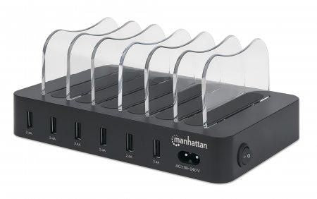 Manhattan Charging Station, 6x USB-A Ports, Outputs: 6x 2.4A, Smart IC, LED Indicator Lights, Black, Three Year Warranty