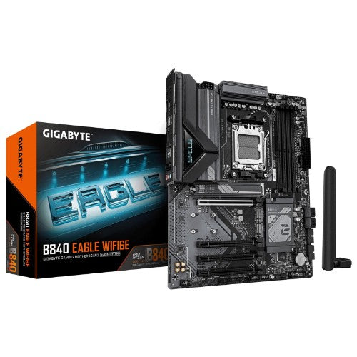 GIGABYTE B840 EAGLE WIFI6E Motherboard - AMD Ryzen 9000 CPUs, 8+2+2 Phases VRM, up to 8200MHz DDR5(O.C), 2xPCIe 4.0 + 1xPCIe 3.0 M.2, Wi-Fi 6E, 2.5GbE LAN, USB 3.2 Gen 2