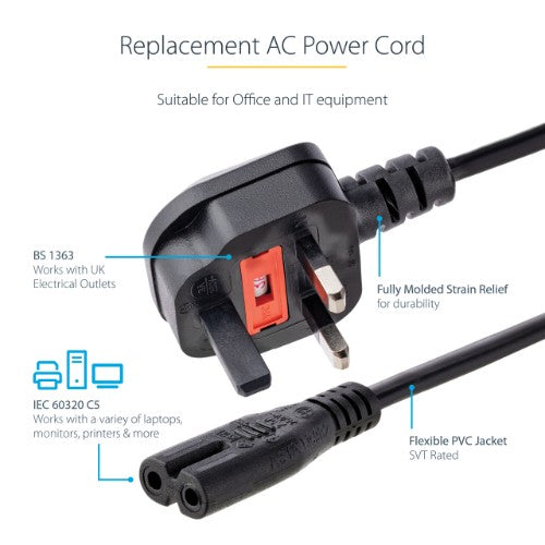 StarTech.com 3ft (1m) UK Laptop Power Cable, BS 1363 to C7, 2.5A 250V, 18AWG, Black, UK Laptop Replacement Cord, Printer Power Cable, AC Laptop Charger Cord, Laptop Power Brick Cord