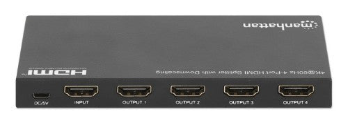 Manhattan HDMI Splitter with downscaling 4-Port , 4K@60Hz, Displays output from x1 HDMI source to x4 HD displays (same output to four displays), Downscale button to adjust a 4K input signal into 1080p, Micro-USB to USB-A power cable included (cable 0.8m),