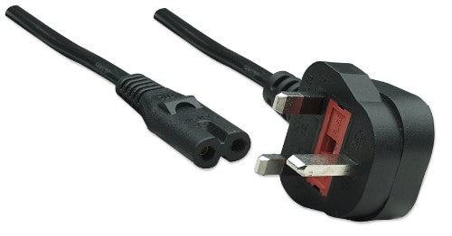 Manhattan Power Cord/Cable, UK 3-pin plug to C7 Female (figure of eight), 1.8m, 13A, Black, Lead, Lifetime Warranty