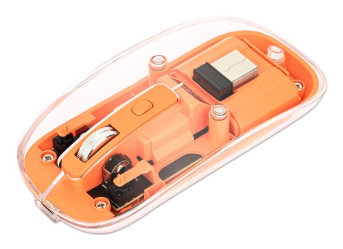 Manhattan Transparent Rechargeable Wireless Mouse, Clear/Orange, Adjustable 800/1200/1600dpi, With RGB LED light, 2.4Ghz (effective range up to 10m), USB, Optical, Ambidextrous, Four Button with Scroll Wheel, Slim Design, USB-A micro receiver, Lithium Ion