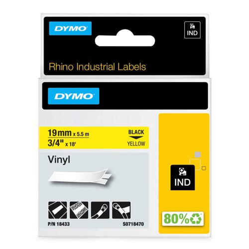 Dymo 18433/S0718470 Ribbon Vinyl black on yellow 19mm x 5,5m for Dymo Rhino 6-19mm/24mm