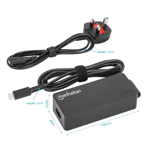 Manhattan Mains USB-C Laptop Charger 65W, AC (UK) to Type-C Power Adapter, Universal Voltage Compatible with Most Notebooks, Ideal as Second or Replacement Power Supply, Includes Detachable UK AC Power Cable and Built-in USB-C PD Cable, Black