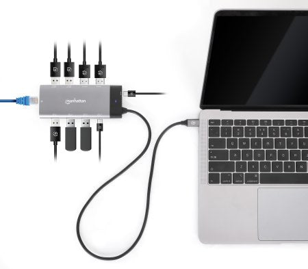 Manhattan USB-C Dock/Hub, Ports (x10): Ethernet, HDMI (x2 8k), USB-A (x5) and USB-C (x2), With Power Delivery (100W) to USB-C Port (Note additional USB-C wall charger and USB-C cable needed), USB 3.2 Gen 2, All Ports can be used at the same time, Universa