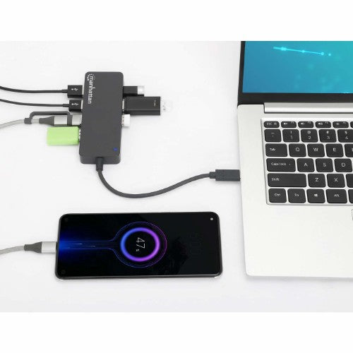 Manhattan USB-C Dock/Hub, Ports (x7): USB-A (x7), 5 Gbps (USB 3.2 Gen1 aka USB 3.0), External Power Supply Not Needed, Universal for all devices, Cable 15cm, SuperSpeed USB, Black, Three Year Warranty