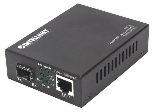 Intellinet Gigabit PoE+ Media Converter, 1 x 1000Base-T RJ45 Port to 1 x SFP Port, PoE+ Injector