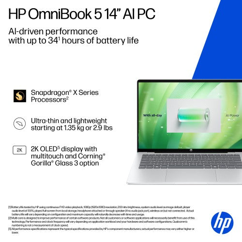 HP OmniBook 5 NGAI OmniBook 5 Next Gen AI 14-he0001na Copilot+ PC Snapdragon X1-26-100 Laptop 35.6 cm (14") 2K 16 GB LPDDR5x-SDRAM 512 GB SSD Wi-Fi 6E (802.11ax) Windows 11 Home Silver