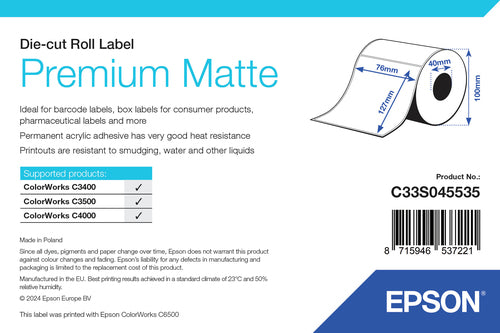 Epson C33S045535 Continous label roll die-cut 76mm x 127mm 265 label Pack=1 for Epson TM-C 3400/3500