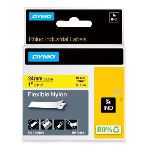 Dymo 1734525/S0773850 Ribbon Nylon flexible black on yellow 24mm x 3,5m for Dymo Rhino 6-24mm