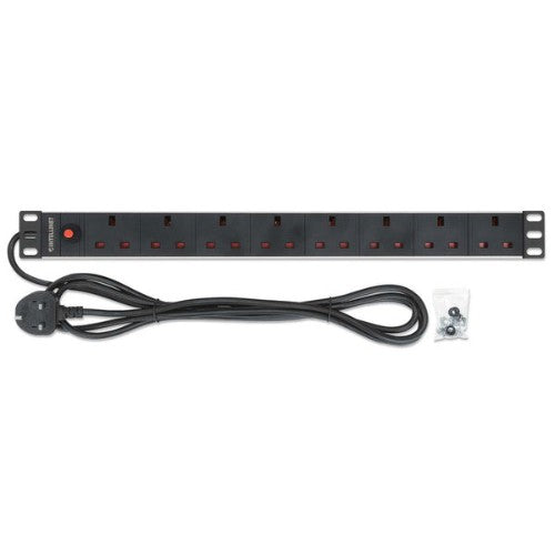 Intellinet 19" 1U PDU 7-way UK, Overload Protection, Rackmount, Power Distribution Unit, UK 3-pin outlets, 3m power cord, output