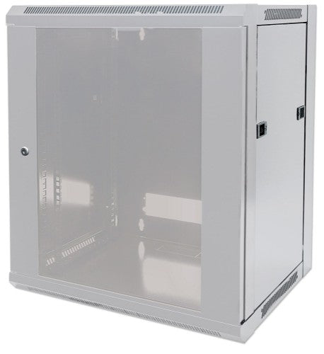 Intellinet 19" Network Cabinet - Wall Mount (Standard), 9U, 600mm Deep, Grey, Flatpack, Max 60kg, Suitable also for use on desk or floor, Usable Depth 410mm, Metal & Glass Door, Back Panel, Removeable Sides, Parts for wall install (eg screws/rawl plugs) n