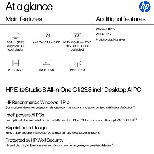 HP EliteStudio 8 All-in-One G1i 23.8 inch Desktop AI PC Intel Core Ultra 5 60.5 cm (23.8") 1920 x 1080 pixels 16 GB DDR5-SDRAM Windows 11 Pro Wi-Fi 7 (802.11be) Silver