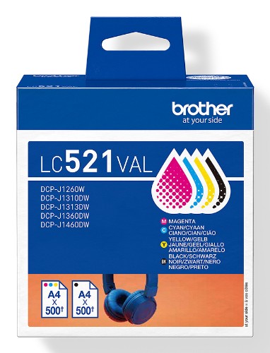 Brother LC-521VAL Ink cartridge multi pack Bk,C,M,Y, 4x500 pages ISO/IEC 19752 Pack=4 for Brother DCP-J 1260