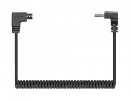 Manhattan USB-A to Micro-USB Cable, 1m, Male to Male, Black, 480 Mbps (USB 2.0), Tangle Resistant Curly Design, Angled Connectors, Ideal for Charging Cabinets/Carts, Hi-Speed USB, Lifetime Warranty