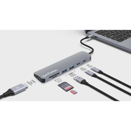 Manhattan USB-C Dock/Hub with Card Reader, Ports (x5): HDMI, USB-A (x2) and USB-C (x2), With Power Delivery (100W) to USB-C Port (Note additional USB-C wall charger and USB-C cable needed),Universal,USB 3.2 Gen 1 (aka USB 3.0),All Ports can be used at the