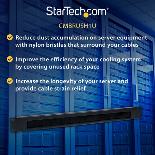 StarTech.com 1U High-density Brush Strip Cable Management Panel, Sturdy Steel Horizontal Data Centre Cable Organizer