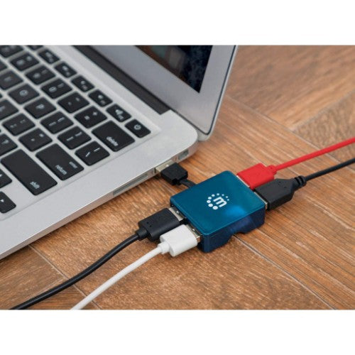 Manhattan USB-A 4-Port Micro Hub, 4x USB-A Ports, Blue, 480 Mbps (USB 2.0), USB powered (no external power supply required), Hi-Speed USB, Three Year Warranty, Equivalent to ST4200MINI2