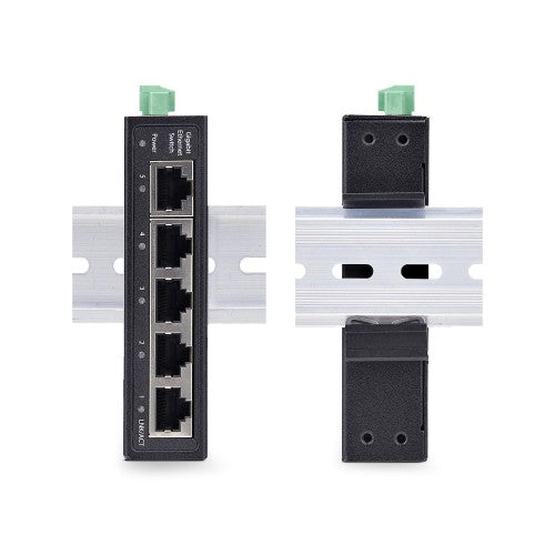 StarTech.com 5-Port Unmanaged Industrial Network Switch, 100/1000 Ethernet, DIN Rail/Wall-Mountable, Rugged IP30 Gigabit Switch, -40F-167F, 9~60V DC, TAA Compliant