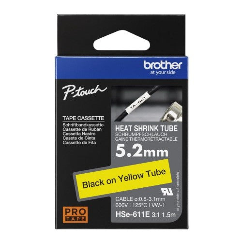 Brother HSE-611E Heat Shrink Tubes black on yellow 5,2mm x 1,5m for Brother P-Touch TZ 3.5-18mm HSE/24mm HSE/36mm HSE