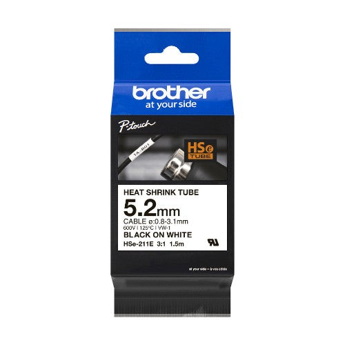 Brother HSE-211E Heat Shrink Tubes black on white 5,2mm x 1,5m for Brother P-Touch TZ 3.5-18mm HSE/24mm HSE/36mm HSE