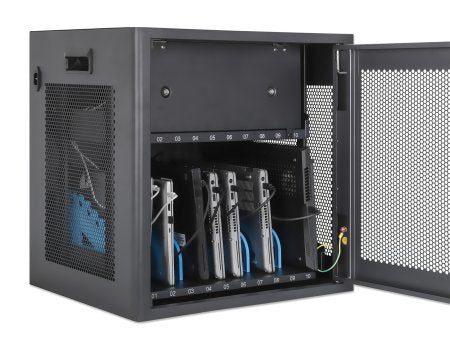 Manhattan Laptop Charging Cabinet Desktop via AC Adapter (UK) 10-bay, Install device's AC Adapter (power cables) into unit, Suitable for ALL laptops (to 15.6"), iPads, MacBooks, Chromebooks, other portable devices, Bays 380x30x280mm, Cart, Lockable